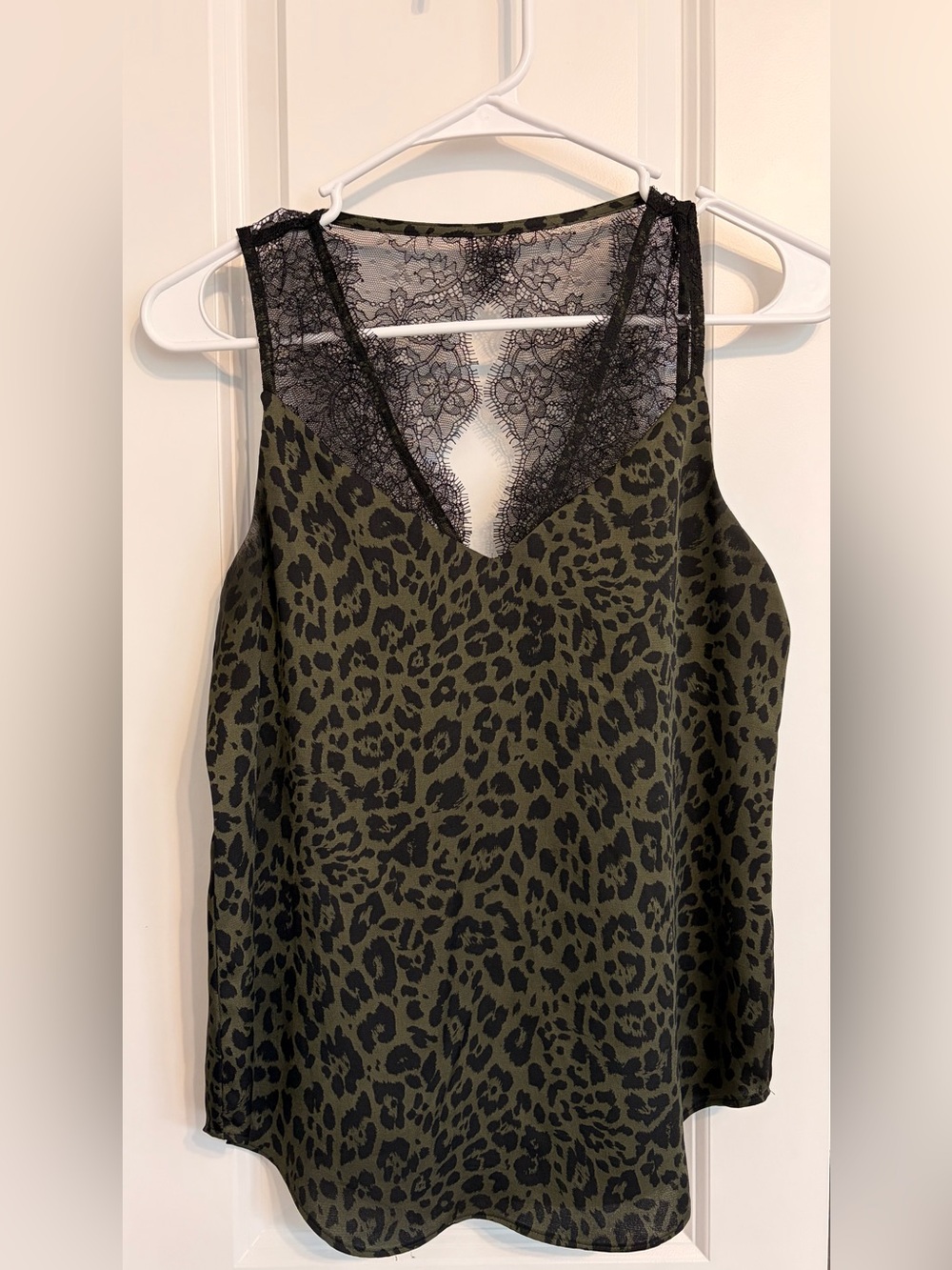 Express Olive Green Leopard-Print Lace Trim Camisole